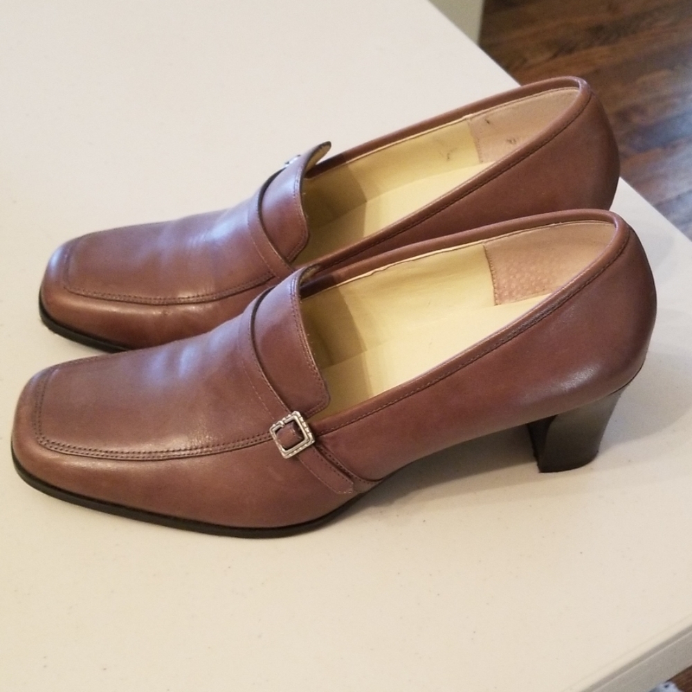Taupe Casual Corner loafer-style 3" block heels